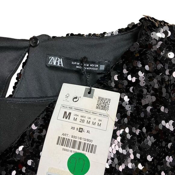 Zara Dress‎ WMNS M Black Sequin Mini Long Sleeve Asymmetric Avant Party Club - Picture 4 of 13